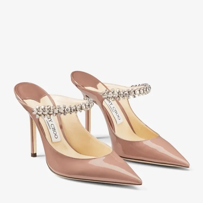 Bing 100 Ballet Pink Patent Leather Mules with Crystal Strap