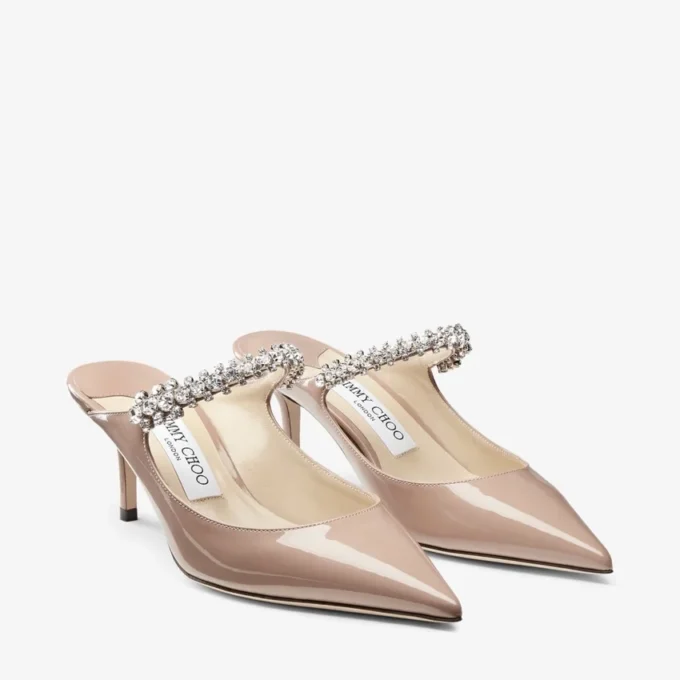 Bing 65 Ballet Pink Patent Leather Mules with Crystal Strap
