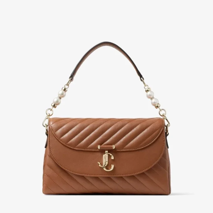 Curve Top Handle Tan Quilted Biker Leather Top Handle Bag with Pearl Detail Curve Top Handle Tan Quilted Biker Leather Top Handle Bag with Pearl Detail
