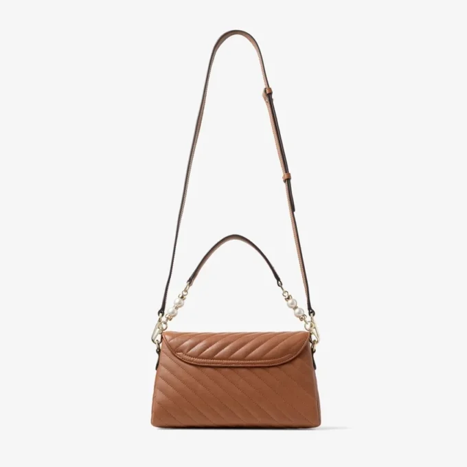 Curve Top Handle Tan Quilted Biker Leather Top Handle Bag with Pearl Detail Curve Top Handle Tan Quilted Biker Leather Top Handle Bag with Pearl Detail