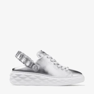 Diamond Sling Silver Metallic Leather Slipper Trainers with Crystal Strap