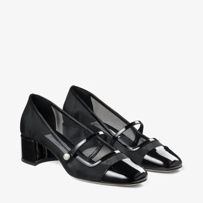 Elisa 45 Black Patent and Mesh Pumps