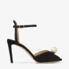 Sacora 85 Black Suede Sandals with Pearl Embellishment