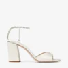 Saeda Sandal Block Heel 85 Ivory Satin Block Heel Sandals with Crystal Chain