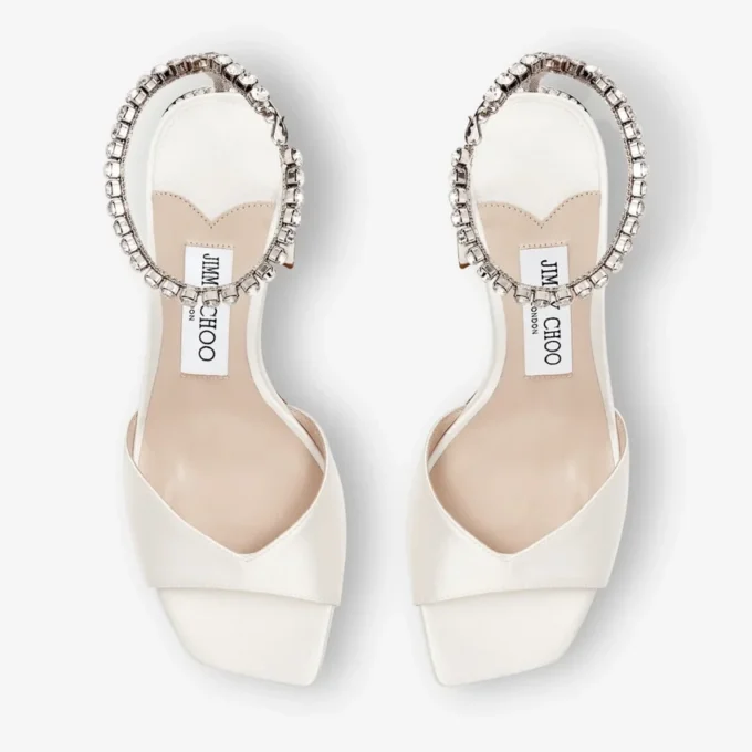 Saeda Sandal Block Heel 85 Ivory Satin Block Heel Sandals with Crystal Chain
