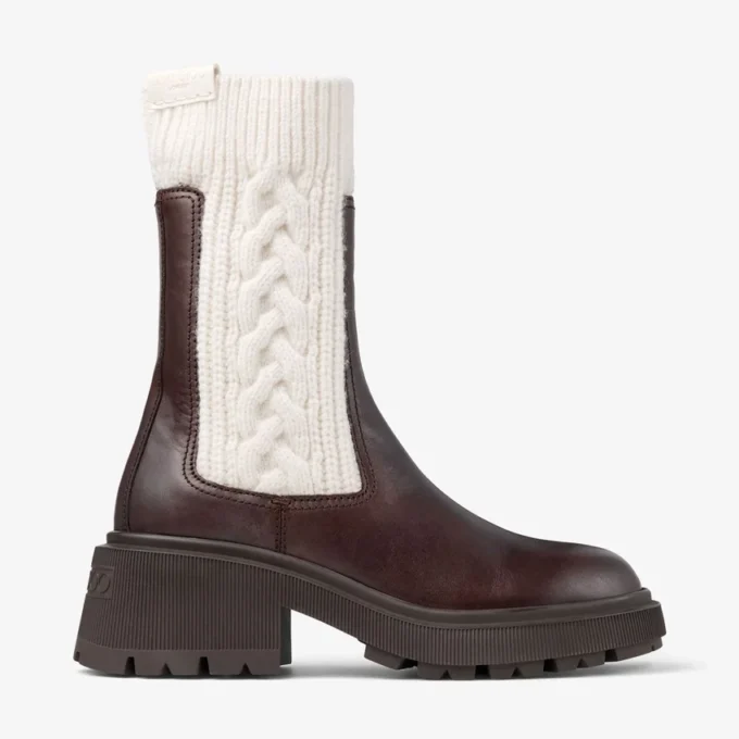 Tamia Flat Chocolate Shiny Calf Leather Ankle Boots with Cable Knit Tamia Flat Chocolate Shiny Calf Leather Ankle Boots with Cable Knit