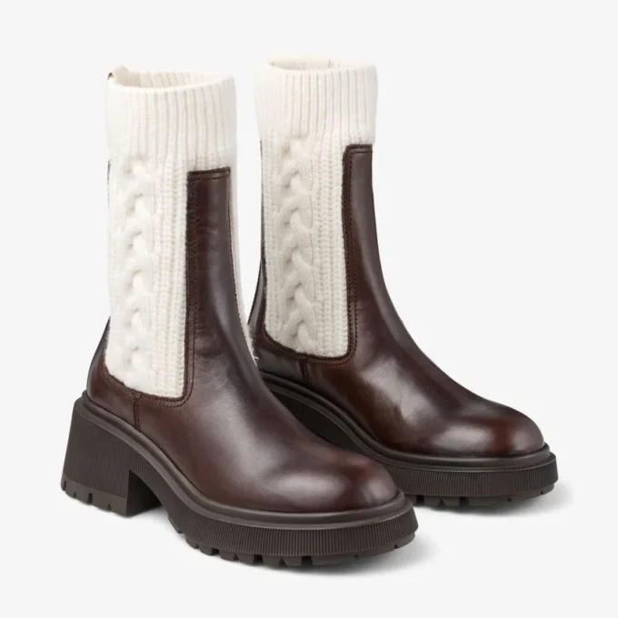Tamia Flat Chocolate Shiny Calf Leather Ankle Boots with Cable Knit Tamia Flat Chocolate Shiny Calf Leather Ankle Boots with Cable Knit