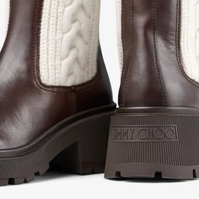 Tamia Flat Chocolate Shiny Calf Leather Ankle Boots with Cable Knit Tamia Flat Chocolate Shiny Calf Leather Ankle Boots with Cable Knit
