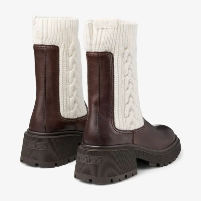 Tamia Flat Chocolate Shiny Calf Leather Ankle Boots with Cable Knit Tamia Flat Chocolate Shiny Calf Leather Ankle Boots with Cable Knit