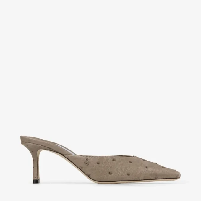 Vivi 65 Taupe Ostrich Leather Mules